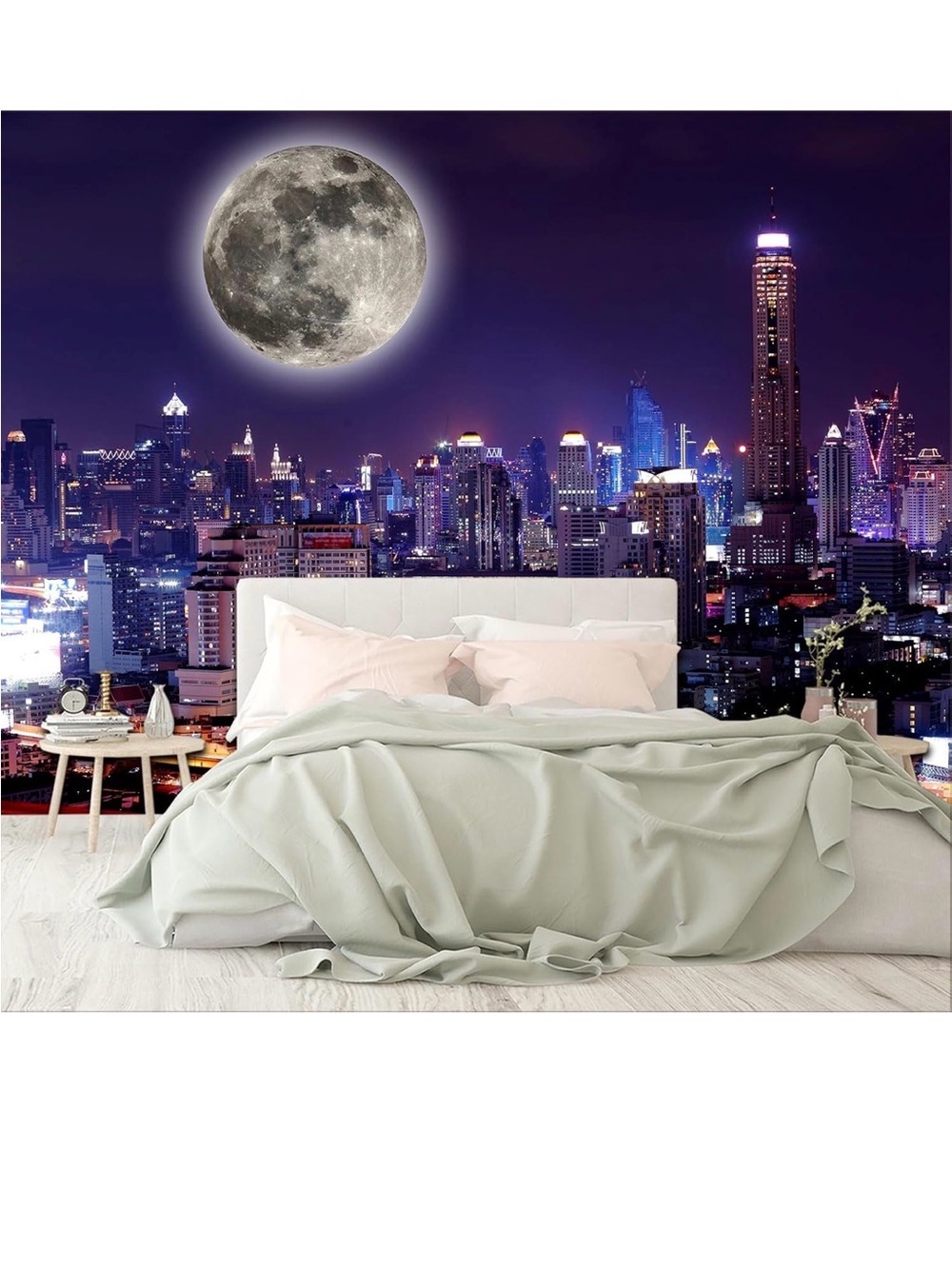 New Open Box 88”X59” City Night View the Moon Fabric Wallpaper Living Room